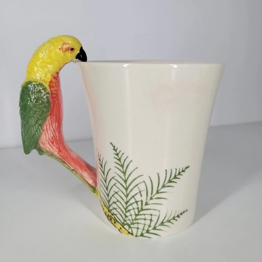 Pier 1 Imports Parrot Handle Mug Handpainted Stoneware Tropical Bird Coffee Cup